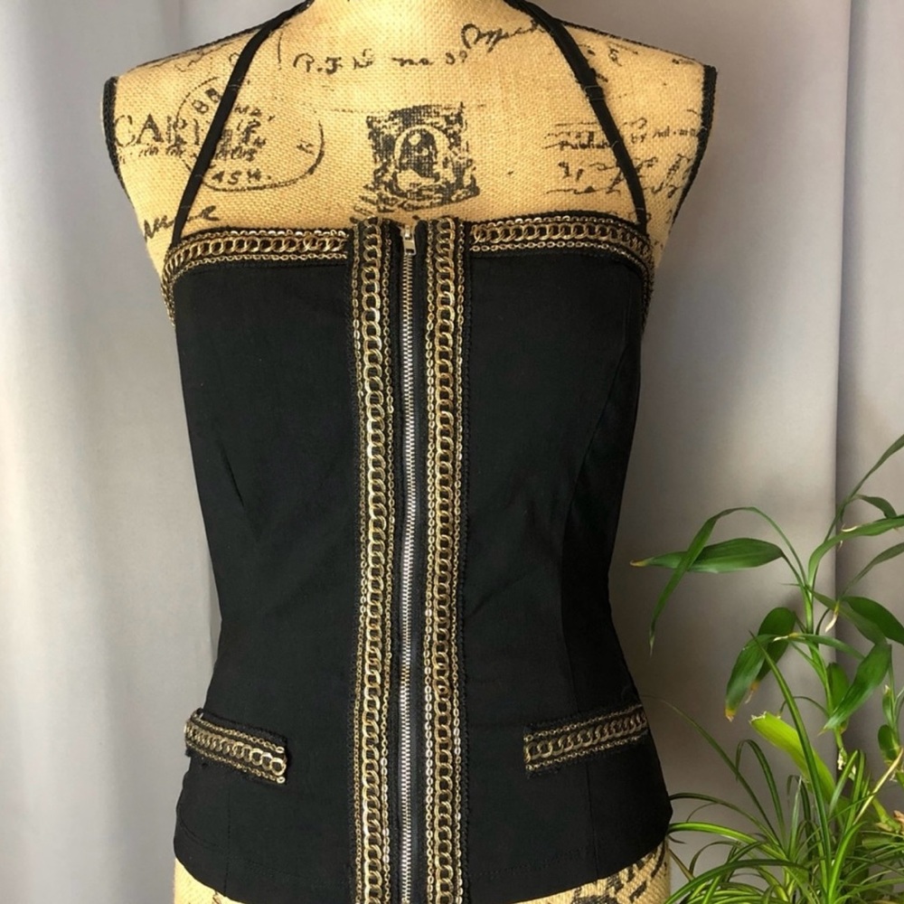 Body Central corset Black Halter Top with Gold Accents